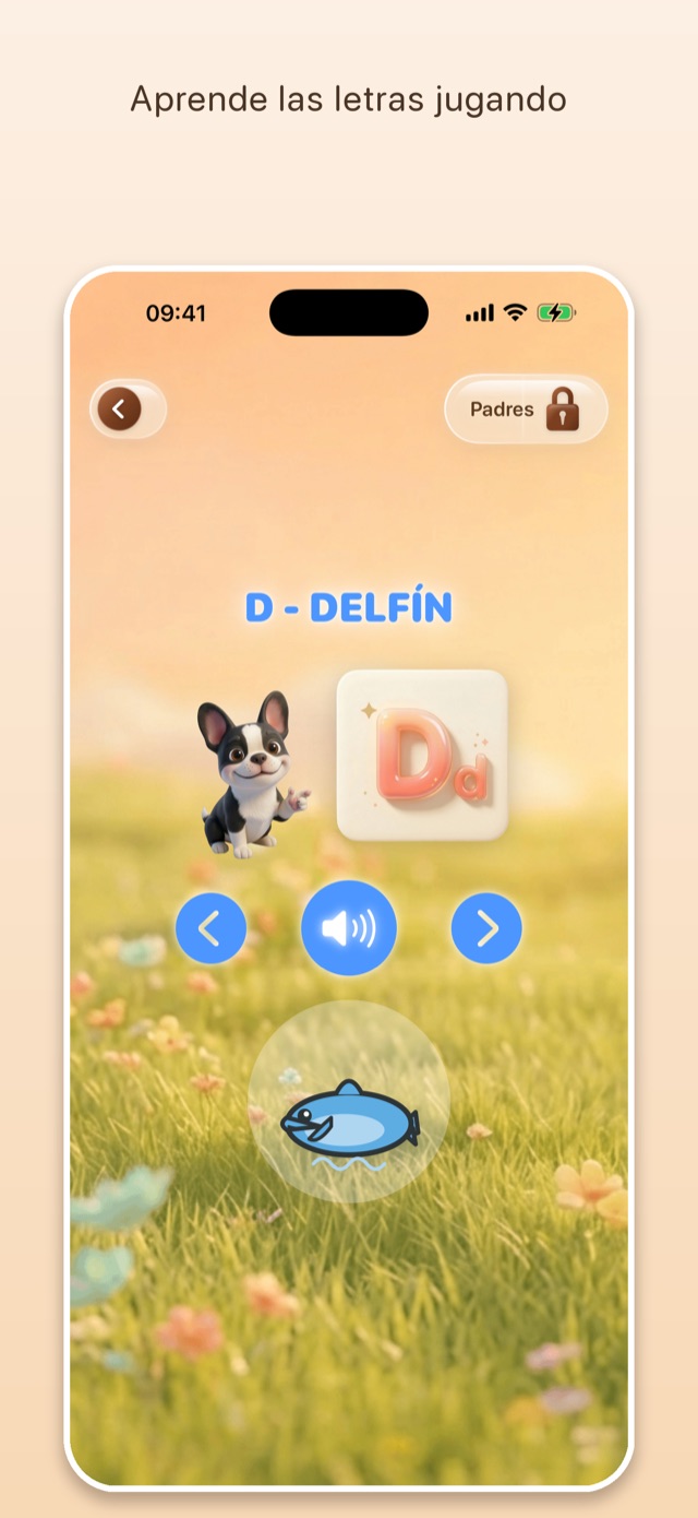 Pantalla de la app: la letra D con la palabra delfín, ilustrada y pronunciada con voz clara