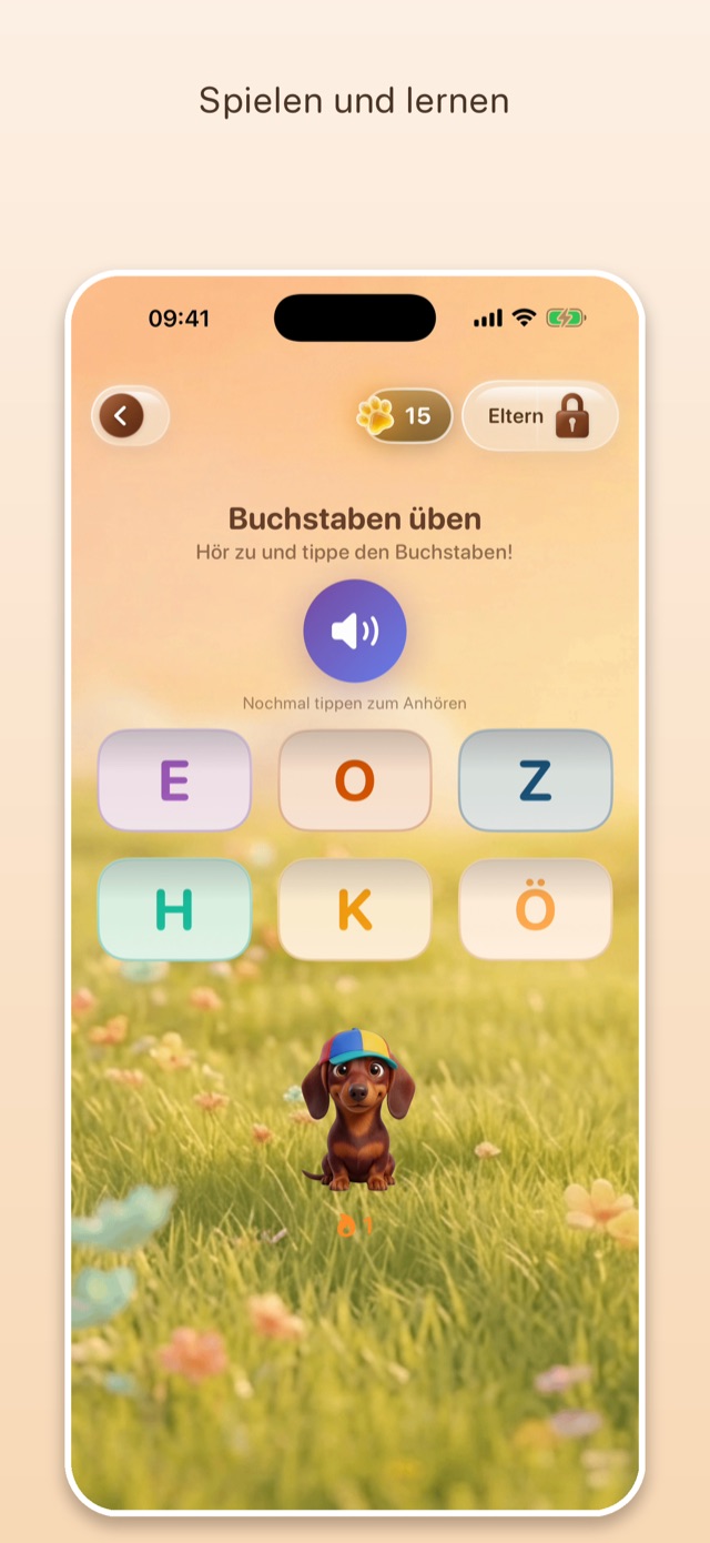 App-Bildschirm: Spiel Buchstaben üben — Buchstaben hören und die richtige Antwort antippen