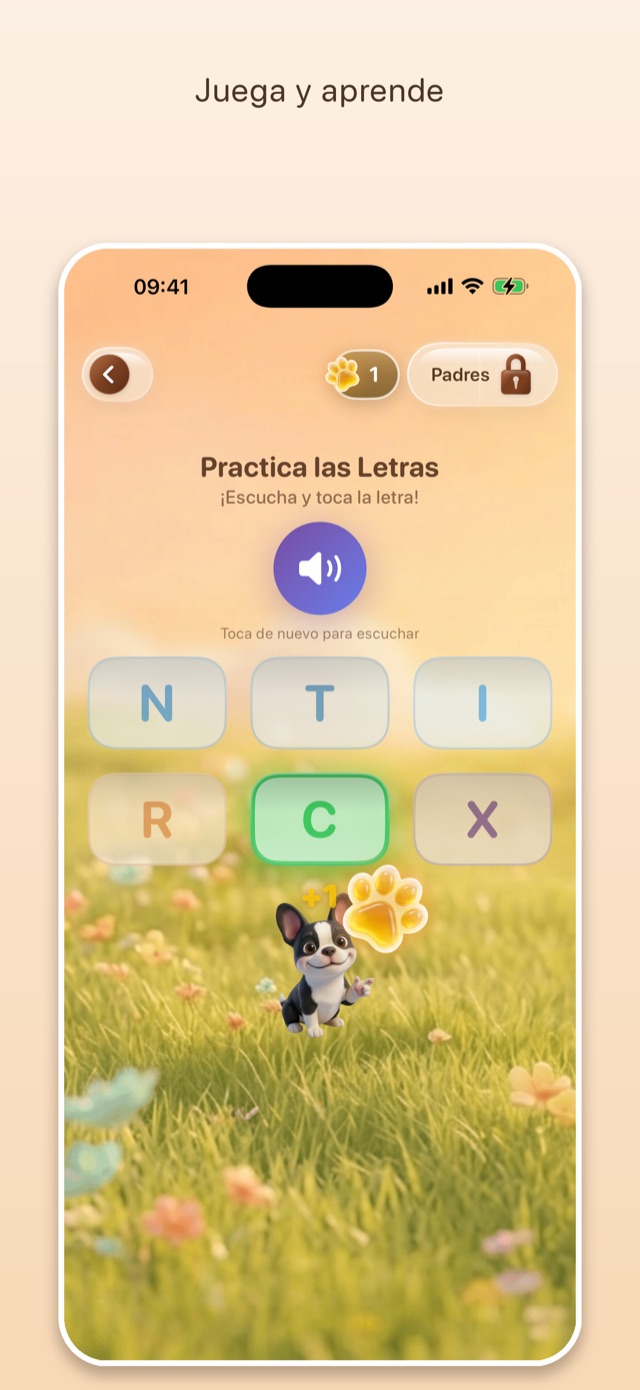 Pantalla de la app: juego Practica las Letras — escucha la letra y toca la respuesta correcta