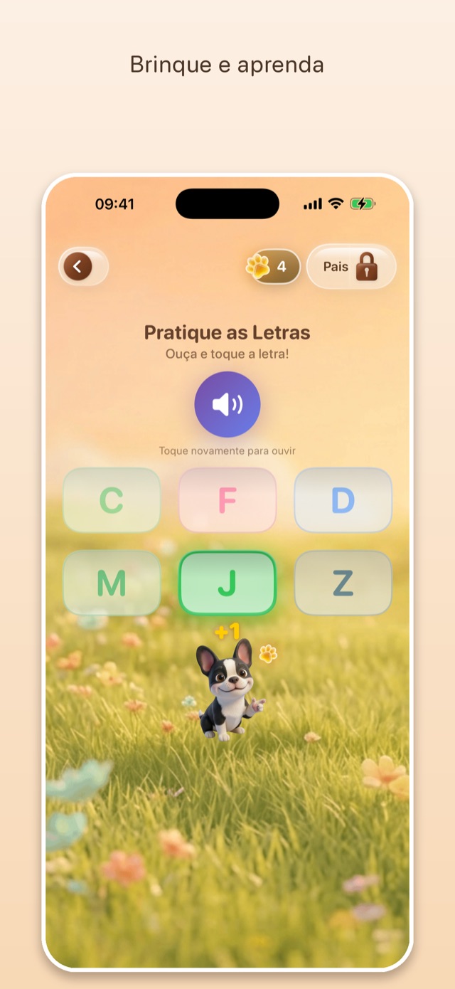 Tela do app: jogo Pratique as Letras — ouça a letra e toque na resposta certa