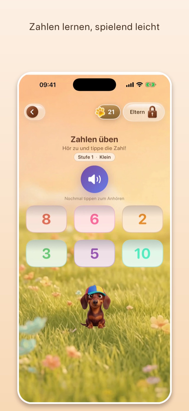 App-Bildschirm: Spiel Zahlen üben, Stufe Klein — Zahl hören und die richtige Antwort antippen