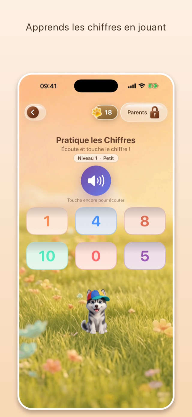 Écran de l'app : jeu Entraîne-toi aux nombres, niveau Petit — écoute le nombre et touche la bonne réponse